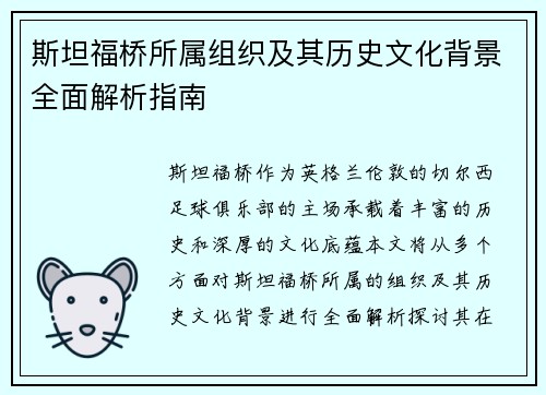 斯坦福桥所属组织及其历史文化背景全面解析指南 斯坦福桥所属组织及其历史文化背景全面解析指南